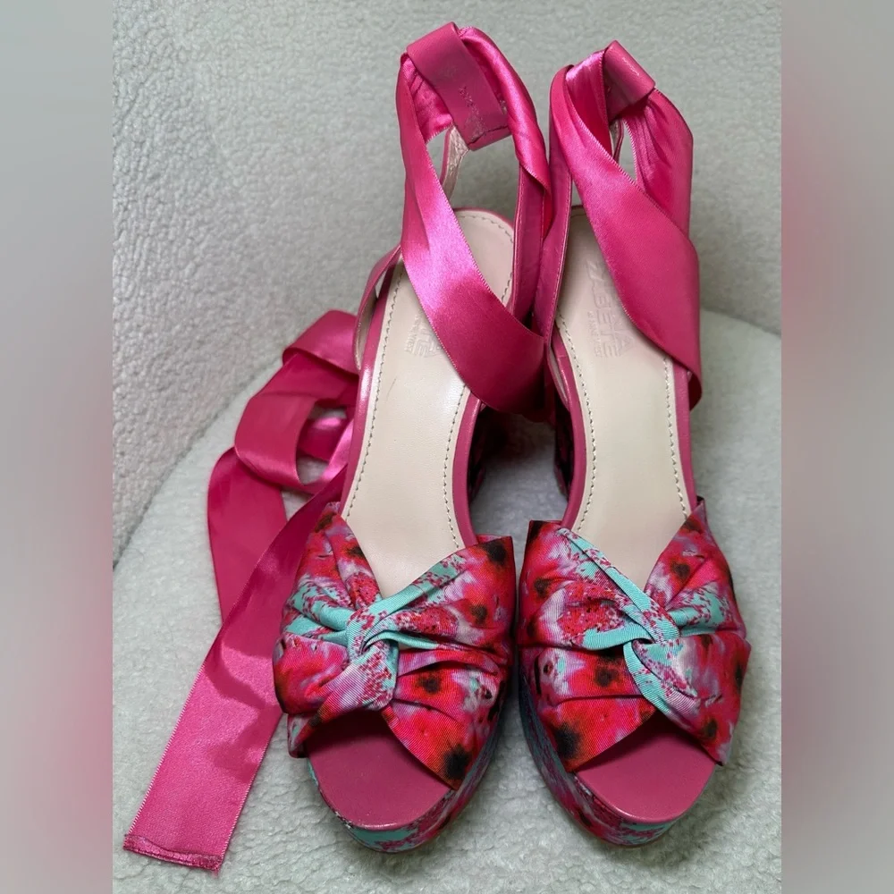 Kirna Zabete wedge platform pink floral flowers ballerina satin leg wrap tie bow